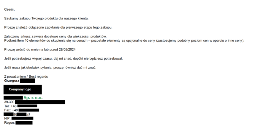 Rozbudowana wiadomość e-mail z&nbsp;ofertą biznesową wysłana do ofiary phishingu.